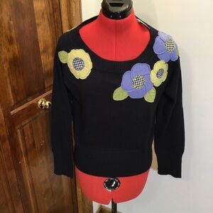 Floral Embellished Black Sweater, size S,NWT, raised flower patches